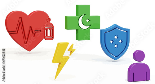 Conceptual 3D illustration of comprehensive medical insurance, faith-based healthcare, and emergency protection services