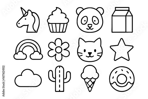 Cute black and white outline icons set featuring animals and food