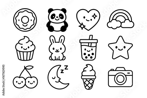 Cute kawaii doodle set with animals, food, and nature elements in black and white