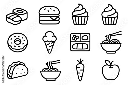 Simple black and white icons of various foods in minimalist style