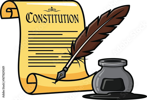 Illustration of a constitution document with a quill and inkwell on white