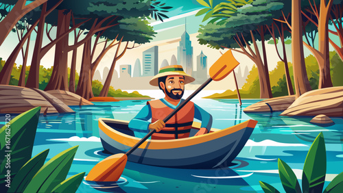 close up  portrait Tourist paddling on a kayak in mangrove Al Reem island mangrove park in Abu Dhabi, United Arab Emirates