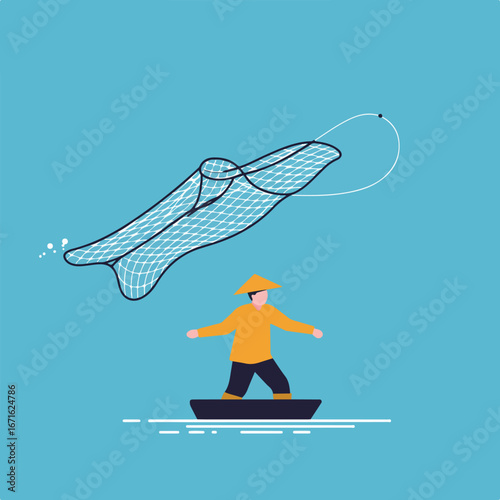Throwing Net from Boat on Water