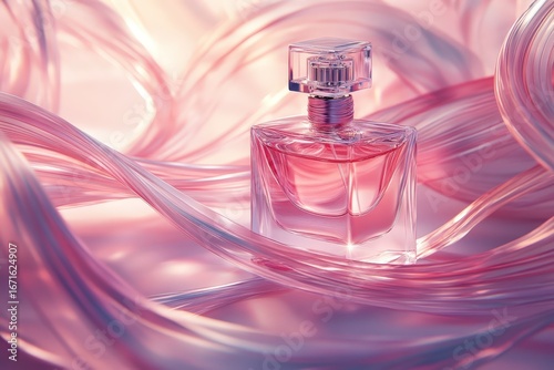 Pink perfume bottle nestled amongst flowing ribbons.
