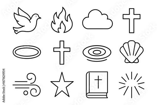Minimalist religious symbols collection: cross, dove, bible, cloud, flame, and more