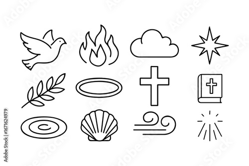 Minimalist religious symbols set featuring dove, cross, and elements of nature