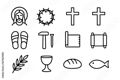 Linear outline icons of christian symbols including jesus, cross, and biblical elements