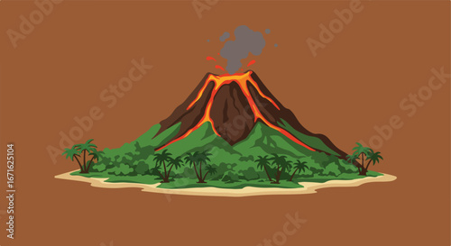 Erupting Volcano on Island. Lava flow, Tropical trees. Brown background