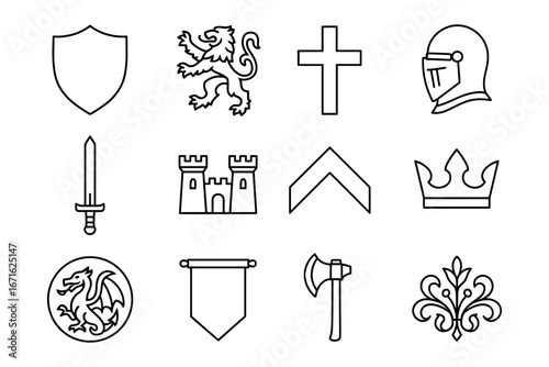 Medieval line art icons: shield, castle, sword, helmet, dragon, crown, and more