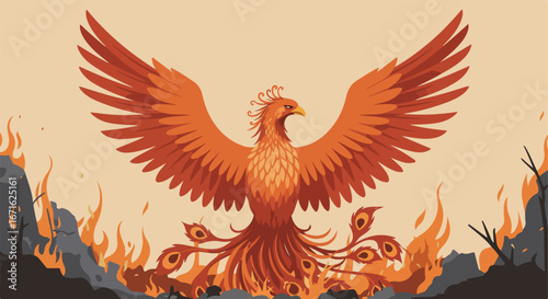 Phoenix Rising with Open Wings Amidst Flames and Ashes