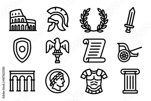 Ancient rome icons: helmet, gladiator sword, coliseum, and more