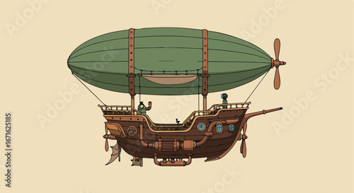 Airship Piloted by Figures Steaming Through the Skies