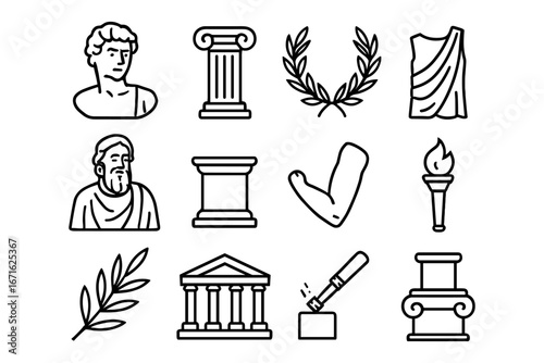 Ancient greek symbols collection: line art of statues, columns, and laurel wreaths