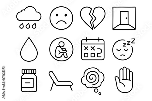 Simple outline icons depicting sadness and solitude