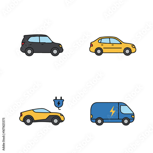 Illustrative Cars Collection - Four Electric Vehicles Displayed on White Backdrop