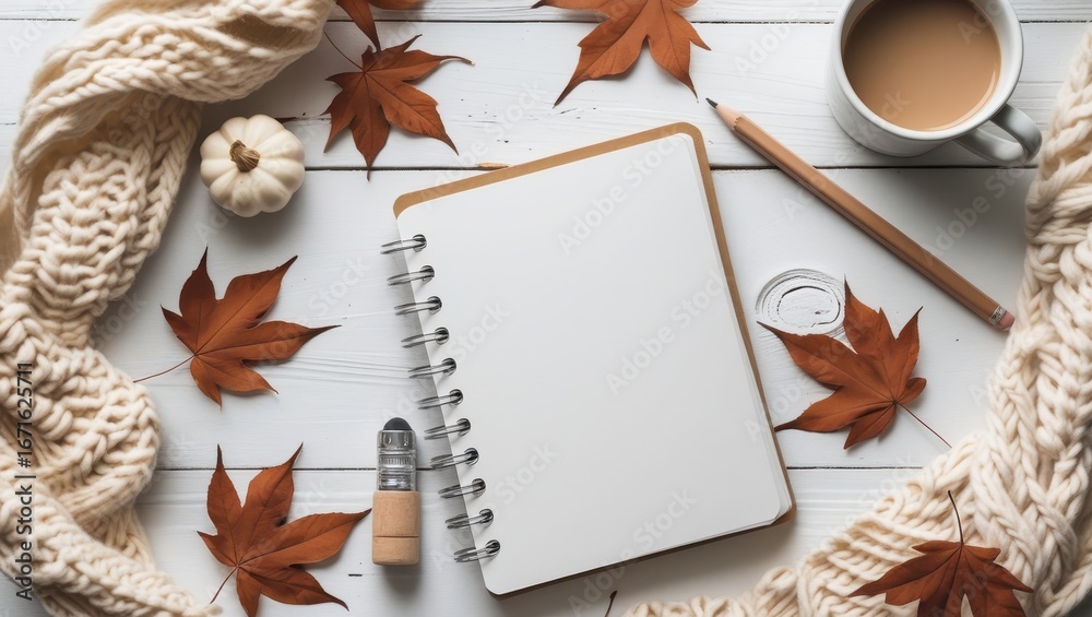Fototapeta premium A cozy autumnal flat lay featuring a blank notebook, warm knit scarf, dried leaves, and a cup of coffee, perfect for a serene autumnal mood.