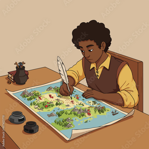 Man Cartographer Writes with Quill on World Map at Desk, Fantasy Setting