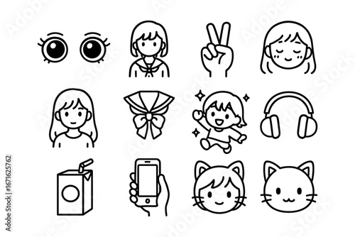 Cute cartoon icons: expressions, gestures, and everyday objects in line art