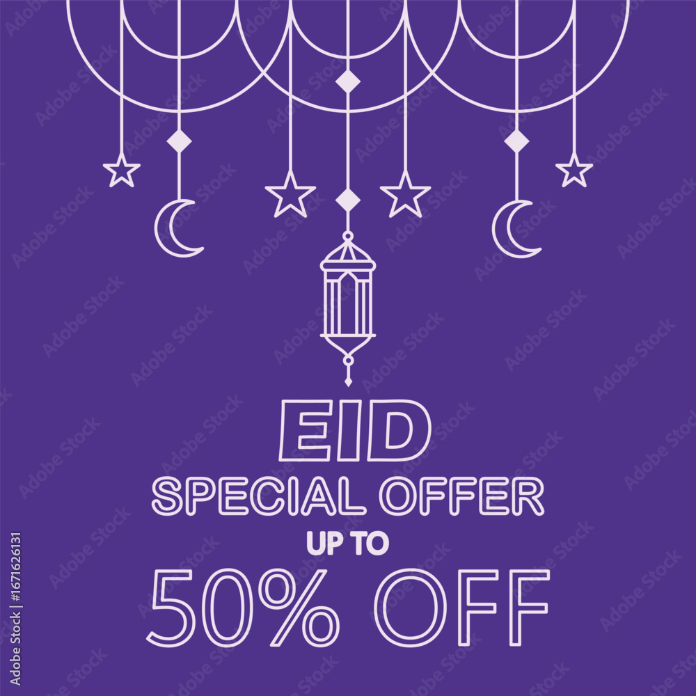 Naklejka premium Elegant Eid promotion design with white crescent moons, stars and lantern on purple background—perfect for festive sales and Islamic holiday marketing visuals