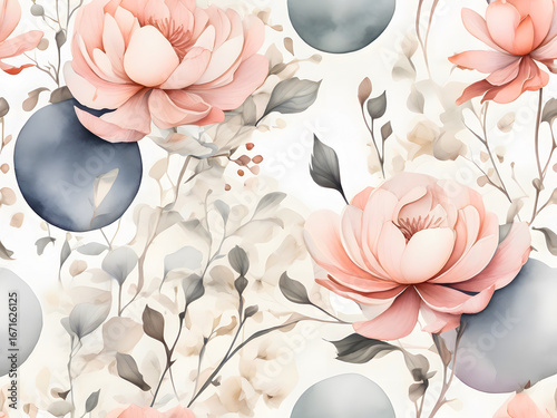 An elegant, seamless pattern with soft pink peonies and abstract gray shapes on a light background.