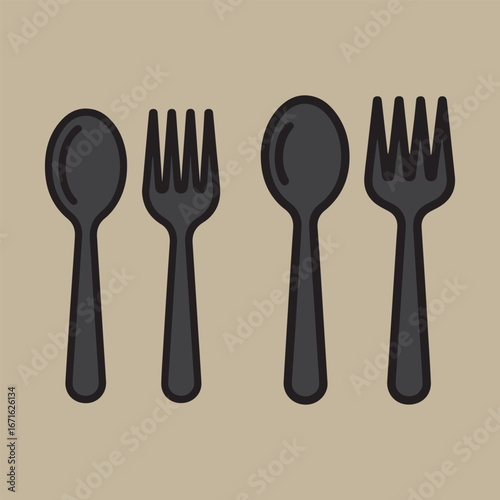 Two spoons and two forks arranged in a row against a neutral backdrop