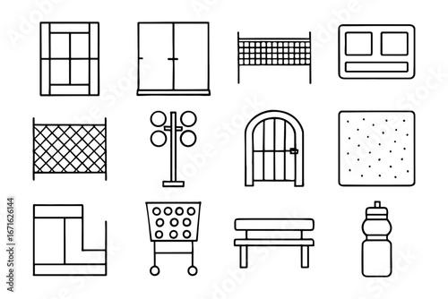 Minimalist line art of common urban and recreational objects