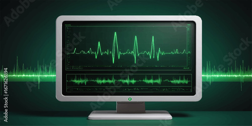 Heartbeat chart on a green monitor screen, symbolizing medical technology and digital health