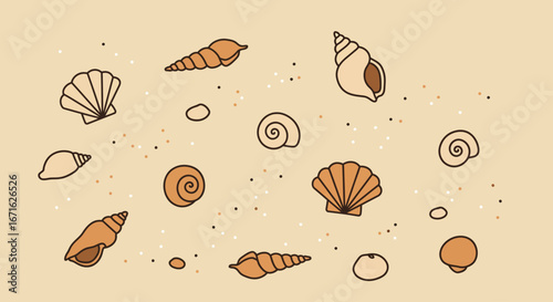 Artistic vector pattern of different ocean seashells and scattered sand grains on a warm beige backdrop
