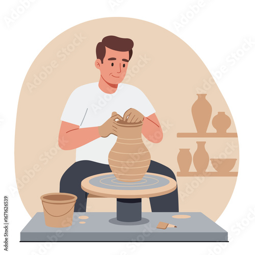 Man Shaping Clay Pot on Pottery Wheel in Workshop