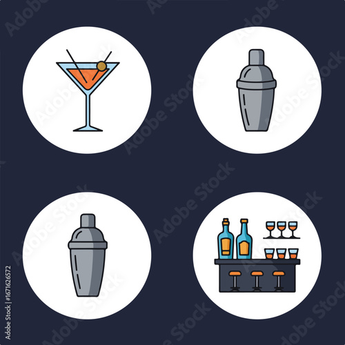 Cocktails preparation at the bar icons displayed on dark backgrounds