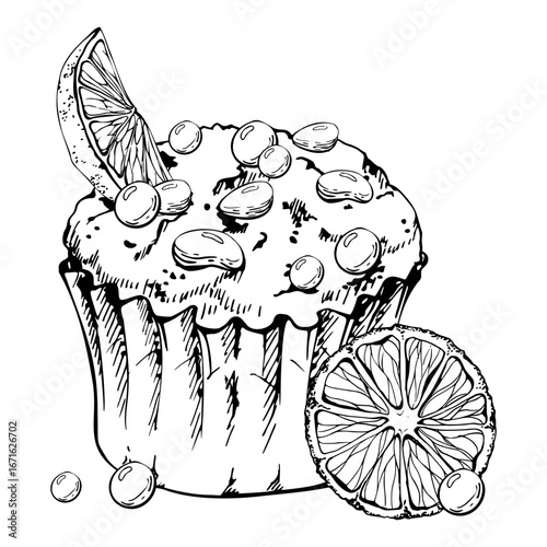 Muffin in paper cup, orange cupcake with citrus wedge garnish, sugar dragees, candy bonbon topping, hand drawn in vector ink. Isolated dessert illustration. Patisserie branding, food journal layouts