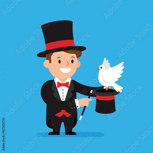Magician performs trick with dove and top hat in studio on blue background