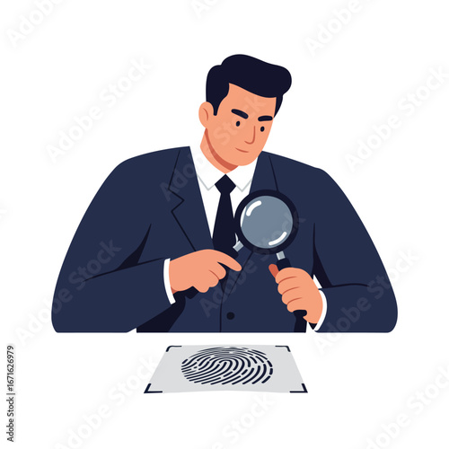 Man Inspecting Fingerprint Evidence with Magnifying Glass at Crime Scene
