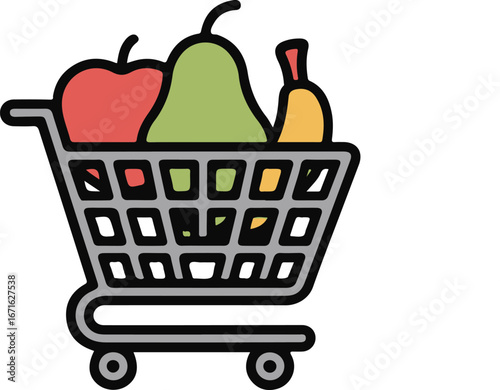 Fresh produce groceries filling up a shopping cart symbolizing healthy eating and shopping