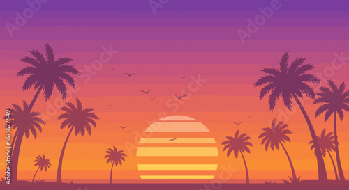 Vibrant tropical sunset with silhouetted palm trees and flying birds, a serene and colorful evening landscape illustration