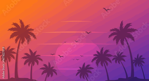 Vibrant Gradient Sunset Over Tropical Islands with Silhouetted Palm Trees and Flying Birds