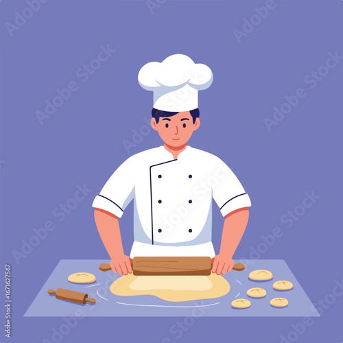 Baker Rolls Dough on Table