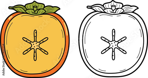 Persimmon Fruit Cross Section Vector Art: Detailed Illustration of Sweet Astringent Fruit with Star-Shaped Core