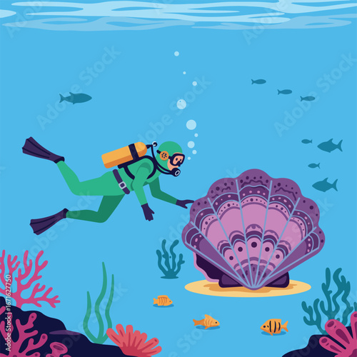 Scuba Diver Exploring Giant Clam Underwater in the Ocean