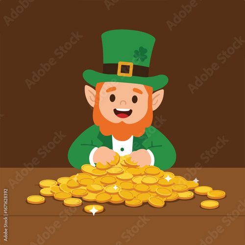 Cartoon leprechaun with red beard and green hat sitting behind pile of gold coins