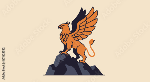 Gryphon Perched on Rock Formation against Beige Backdrop