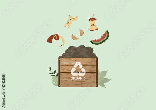 Organic Waste. Various organic food scraps like banana peels, apple core, watermelon rind falling into wooden compost bin container. Bio waste. Waste management. Flat style. Vector illustration