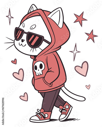 Cute cartoon cat in a hoodie and sunglasses, vector illustration