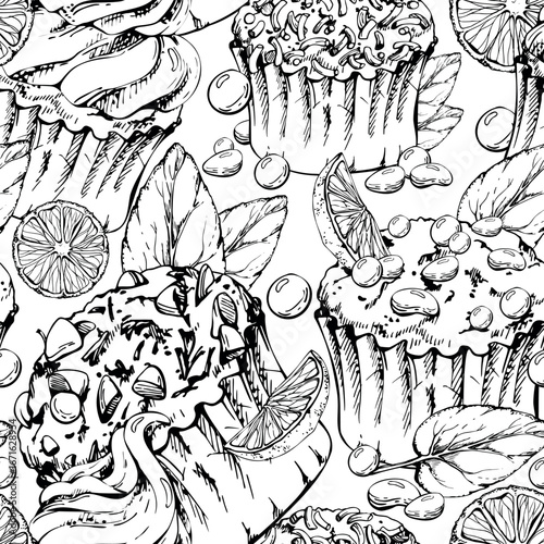 Orange-topped muffins and cupcakes with citrus slices, mint leaves, sugar balls and chocolate chips. Hand drawn in vector ink. Seamless pattern for recipe kits, cafe branding, culinary sticker sheets.