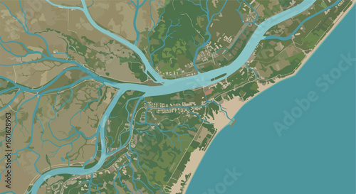 Mapping River Delta and Coastline, illustrating Complex Waterways and Urban Areas