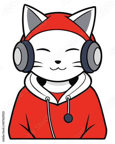 Cat with headphones. Vector illustration of a cat in a red coat.