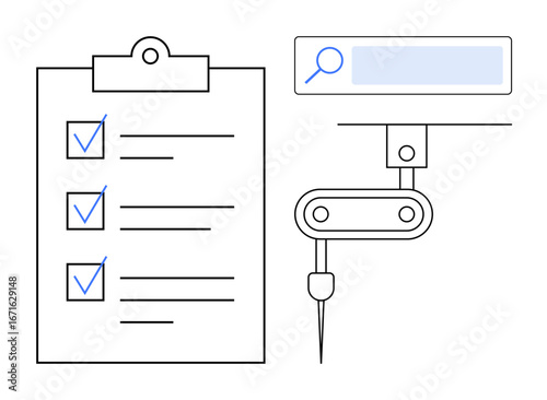 Checklist on a clipboard with blue checkmarks, robotic automation arm, and search bar interface. Ideal for task management, productivity, workflow optimization, technology, automation, data