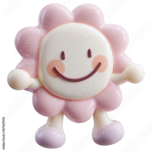 3D smiling flower character icon with pink petals, cartoon style, isolated on transparent background, perfect for fun, happiness, or kid themes.
