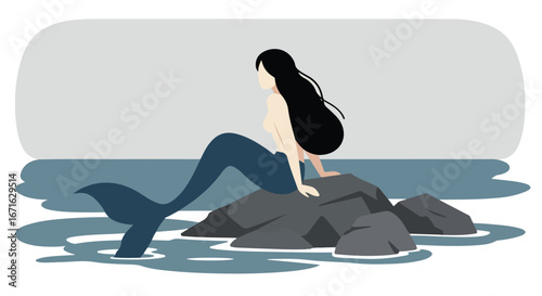 Mermaid Resting On Rocks Over Water