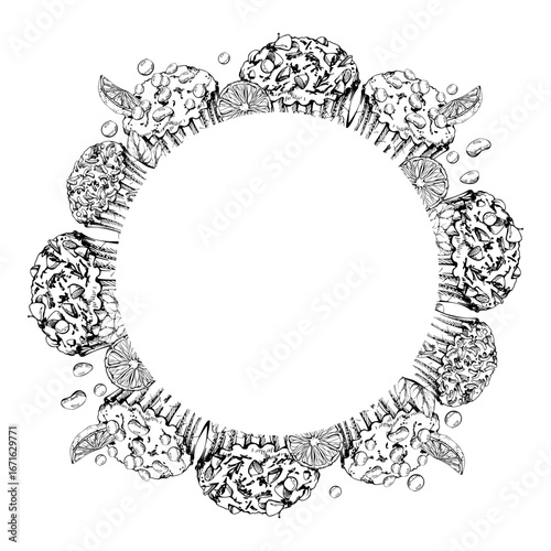 Citrus cupcakes with mint, cut orange slices, cocoa beans, sugar sprinkles and chocolate chip topping. Hand drawn isolated wreath illustration. Cafe menu frames, dessert label packaging accents.